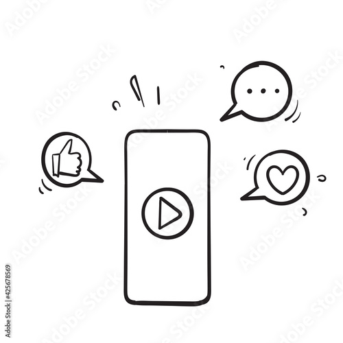 hand drawn doodle mobile video play, social media share icon vector