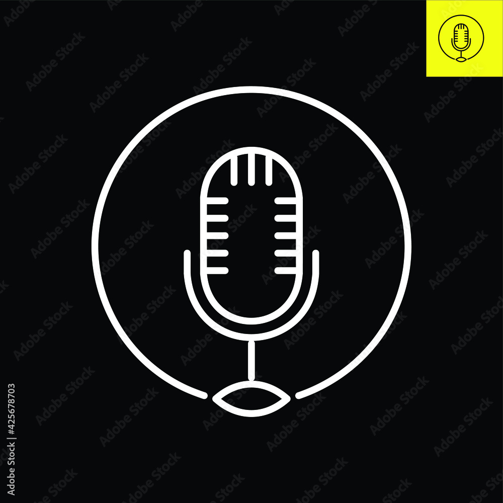 Logo depicting Podcast microphone with circular halos. Logo vector in line art style in Eos 8 Logo depicting Podcast microphone with circular halos. Logo vector in line art style in Eos 8