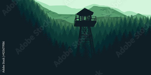 mountain forest with watch tower flat design style illustration for web banner, ads, poster template, backdrop design, wallpaper, background template and tourism design