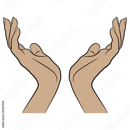 Two beautiful raised up female hands in elegant gesture. Cartoon style.
