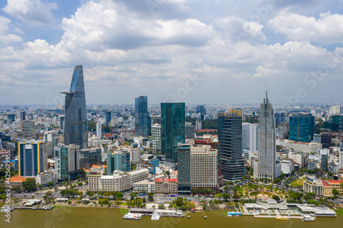 Drone view cityscape of downtown Ho Chi Minh city, Vietnam