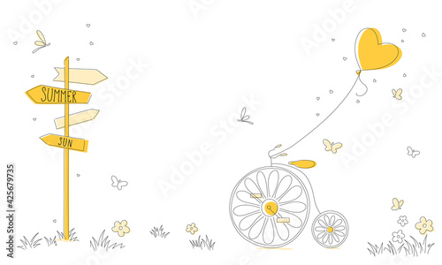 Hand drawn vector illustration of vintage bicycle with chamomile wheels ride to the summer.