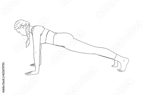 High plank exercise. Fit planking woman training in the gym. Engraved vector illustration in white background