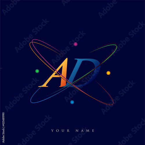 initial letter AD logotype science icon colored blue, red, green and yellow swoosh design. vector logo for business and company identity.