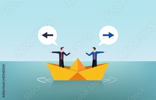 Two businessmen arguing concept on paper boat vector illustration.