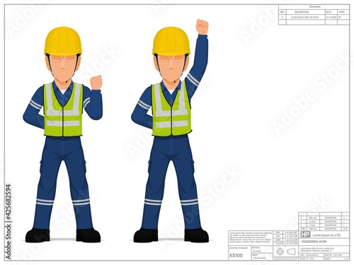 Two industrial workers are raising his clenched fist