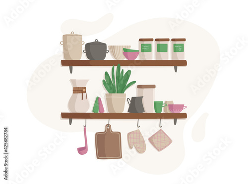 Shelves with kitchen utensils for cooking. Serving utensils. White background. Vector illustration
