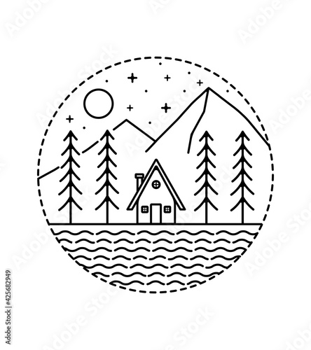 Mountain and cottage on the night in mono line art, patch badge vector, T-Shirt Design