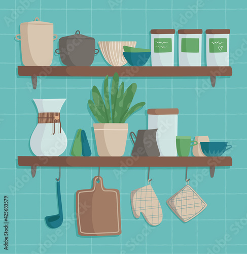 Kitchen shelves with kitchen utensils. Interior of a kitchen with a blue tiled wall. Vector illustration