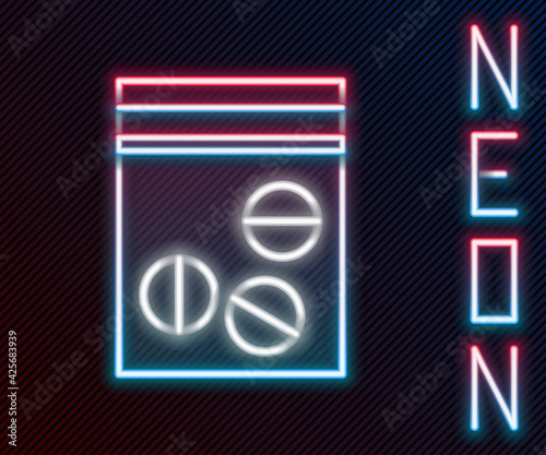 Glowing neon line Plastic bag of drug icon isolated on black background. Health danger. Colorful outline concept. Vector Illustration