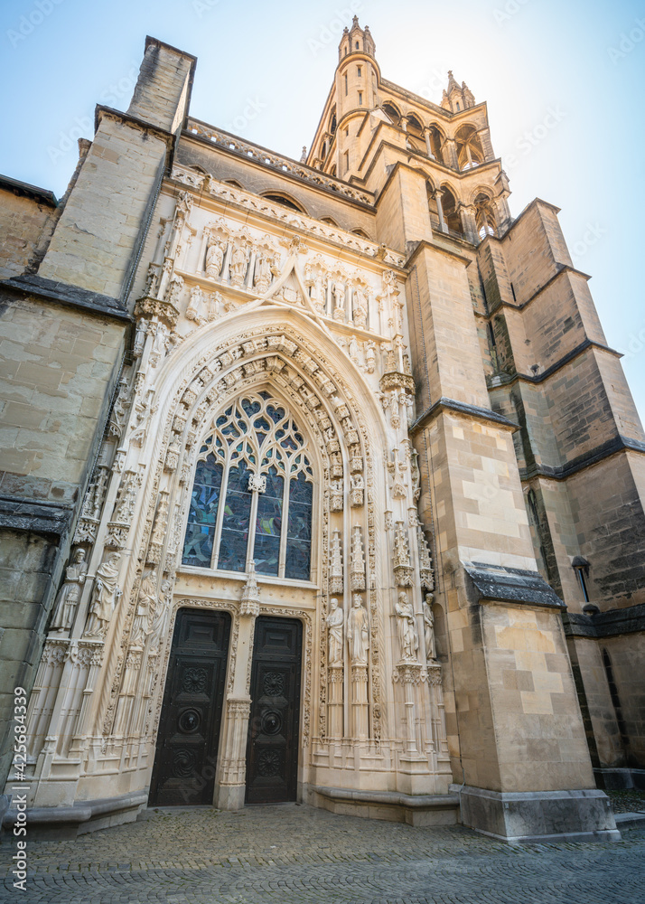 Vertical wide angle view of the front of the Cathedral of Notre Dame of Lausanne an evangelical reformed church Lausanne Vaud Switzerland