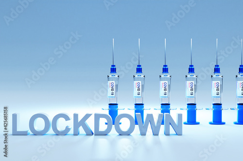 row of covid 19 sarsCov syringes with vaccine against pandemic; conceptual lockdown; 3D Illustration photo