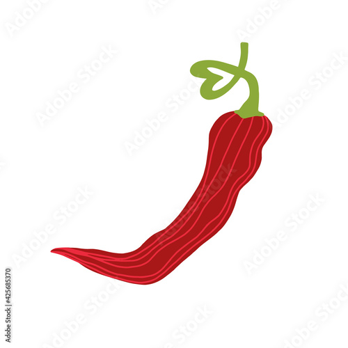 Red hot chili pepper with stripes and heart on sprig. Cartoon style hand-drawn isolated illustration.