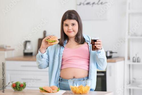 Overweight girl eating unhe...