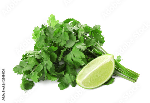 Canvas Print Fresh cilantro and lime on white background