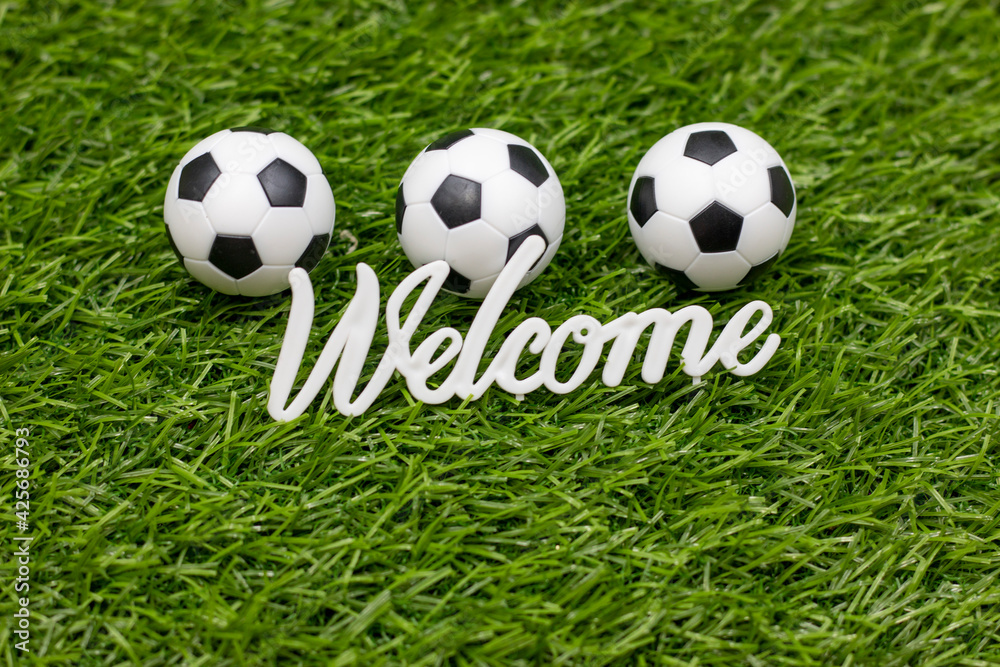 Obraz premium Welcome sign with soccer balls are on green grass
