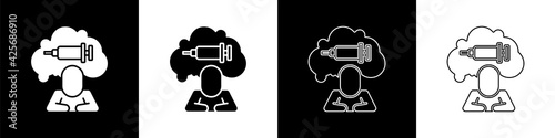 Set Addiction to the drug icon isolated on black and white background. Heroin, narcotic, addiction, illegal. Sick junkie with a syringe and medical pills. Vector