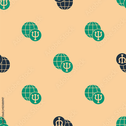 Green and black Psychology icon isolated seamless pattern on beige background. Psi symbol. Mental health concept, psychoanalysis analysis and psychotherapy. Vector