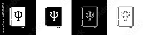 Set Psychology book icon isolated on black and white background. Psi symbol. Mental health concept, psychoanalysis analysis and psychotherapy. Vector