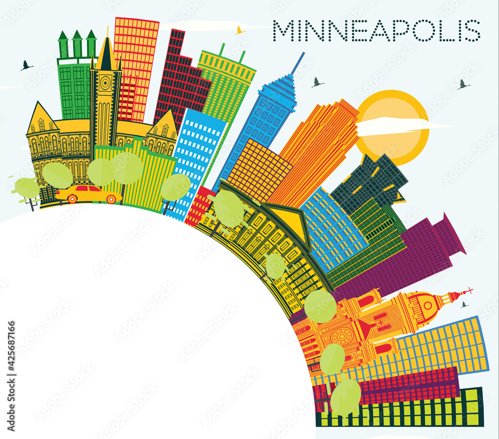 Minneapolis Minnesota USA City Skyline with Color Buildings, Blue Sky and Copy Space.