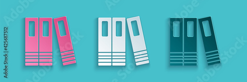 Paper cut Office folders with papers and documents icon isolated on blue background. Office binders. Archives folder sign. Paper art style. Vector