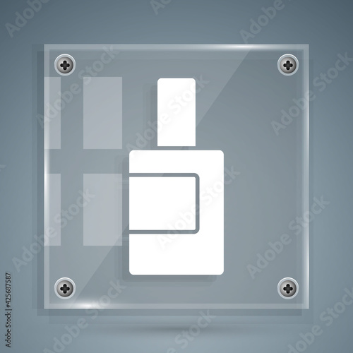 White Plastic bottle for laundry detergent, bleach, dishwashing liquid or another cleaning agent icon isolated on grey background. Square glass panels. Vector