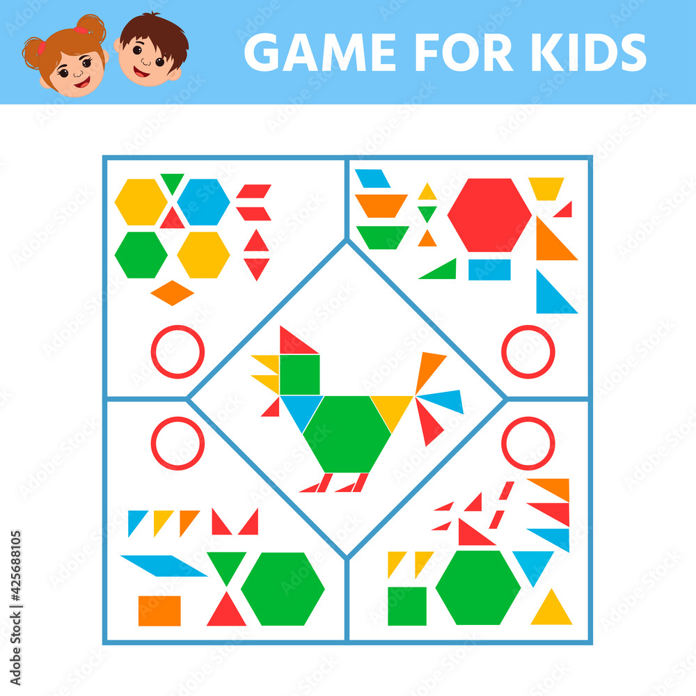 Education logic game for preschool kids for the development of logical thinking. Connect the details and colorful geometric shapes. Preschool worksheet activity. Children funny riddle entertainment