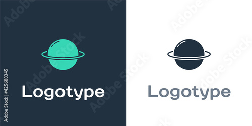 Logotype Planet Saturn with planetary ring system icon isolated on white background. Logo design template element. Vector