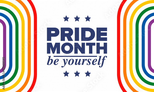 LGBTQIA Pride Month in June. Lesbian Gay Bisexual Transgender. Celebrated annual. LGBT flag. Rainbow love concept. Human rights and tolerance. Poster, card, banner and background. Vector illustration