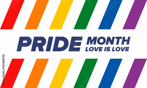 LGBTQIA Pride Month in June. Lesbian Gay Bisexual Transgender. Celebrated annual. LGBT flag. Rainbow love concept. Human rights and tolerance. Poster, card, banner and background. Vector illustration