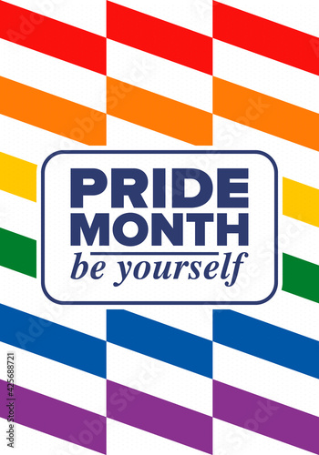 LGBTQIA Pride Month in June. Lesbian Gay Bisexual Transgender. Celebrated annual. LGBT flag. Rainbow love concept. Human rights and tolerance. Poster, card, banner and background. Vector illustration