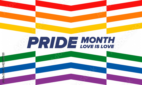 LGBTQIA Pride Month in June. Lesbian Gay Bisexual Transgender. Celebrated annual. LGBT flag. Rainbow love concept. Human rights and tolerance. Poster, card, banner and background. Vector illustration