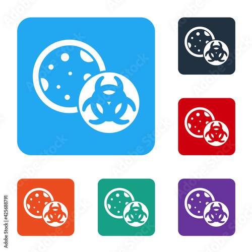 White GMO icon isolated on white background. Genetically modified organism acronym. Dna food modification. Set icons in color square buttons. Vector