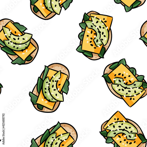 Breakfast toasts doodles seamless border pattern. Cute cartoon tasty tapas with avocado repeatable background tile. Cozy template of illustration for wrapping design, wallpaper