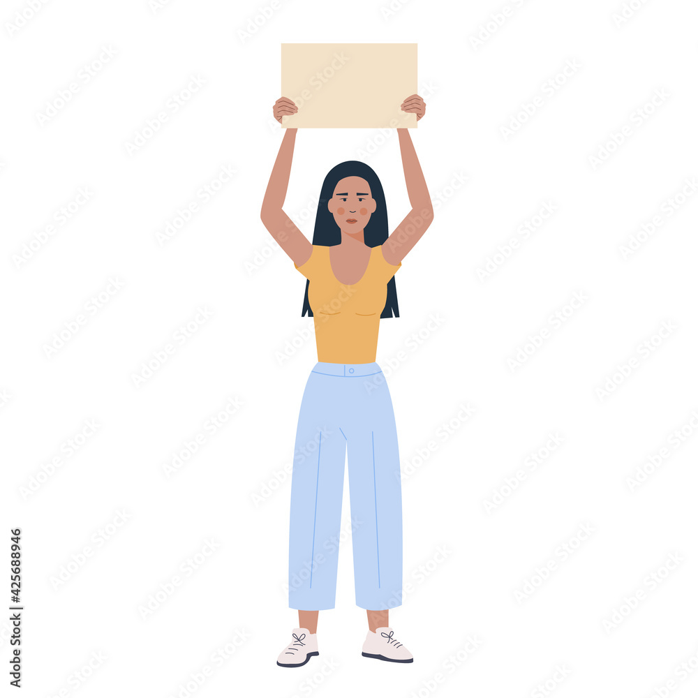 Full Height Modern asian girl holding empty placard isolated on white background. Trendy young woman carrying blank sheet with a place for text. Protest against violence. Feminism. Vector flat style. Full Height Modern asian girl holding empty placard isolated on white background. Trendy young woman carrying blank sheet with a place for text. Protest against violence. Feminism. Vector flat style.