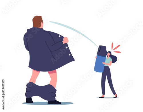 Woman Defend Herself with Gas Aerosol Spraying in Male Exhibitionist Character with Opened Cloak Sexual Disorder, Maniac