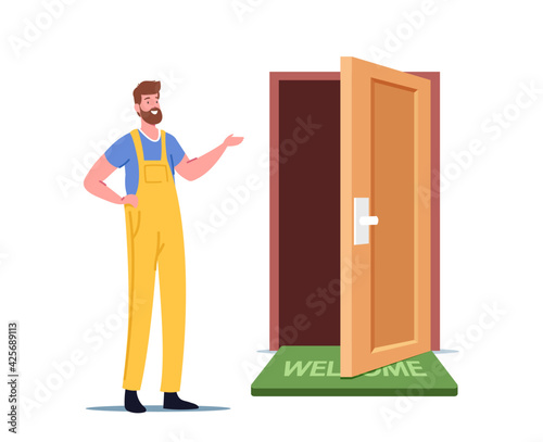 Construction Repairing Service, Call Master Male Character in Working Overalls Presenting New Door in Apartment