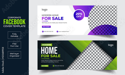 Real estate Facebook cover banner template design, Set of modern abstract flat corporate real estate construction Facebook cover, banner, social media post, timeline cover, web banner, template design
