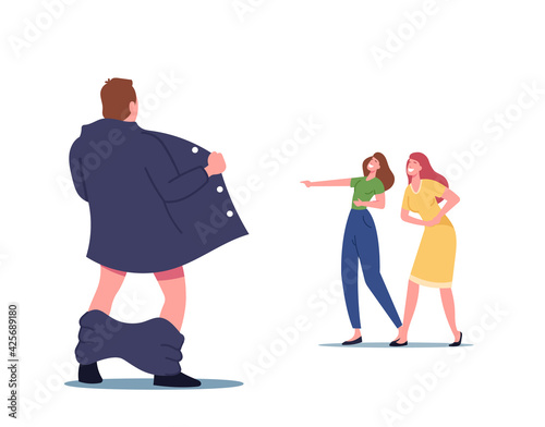 Male Exhibitionist with Opened Cloak Suddenly Jump Out in Front of Young Girls on Deserted Street, Women Laughing