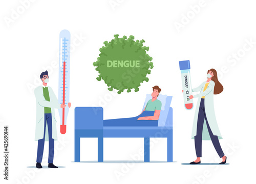Health Care Concept. Patient Character with Dengue Fever Lying in Clinic Department Chamber Applying Treatment