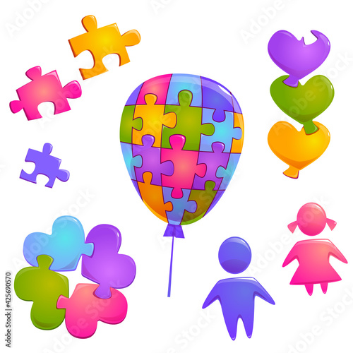 World autism day symbols. Concept of mental health disease and developmental disorders. Vector cartoon set of puzzle pieces in shape of heart and balloon, kids silhouettes