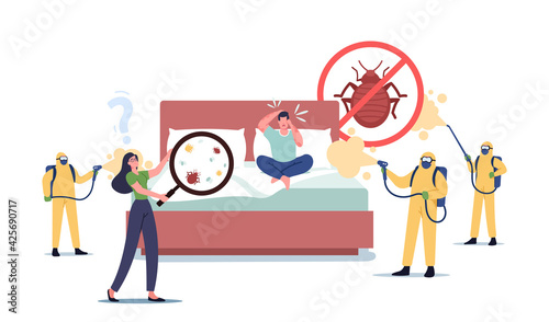 Characters Suffer of Bed Bugs, Call to Professional Pest Control Service. Exterminators in Suits Spraying Toxic Liquid