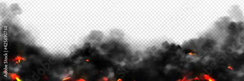 Realistic smoke with fire glow or sparks border. Burning flame, campfire, blaze effect frame, glowing red shining flare with black steam, 3d vector illustration isolated on transparent background