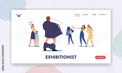 Exhibitionist Landing Page Template. Male Character with Open Cloak Suddenly Jump Out in Front of Young Women on Street