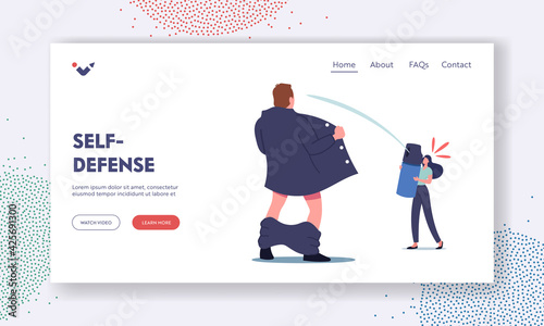 Self-Defense Landing Page Template. Woman Defend Herself with Gas Aerosol Spraying in Male Exhibitionist