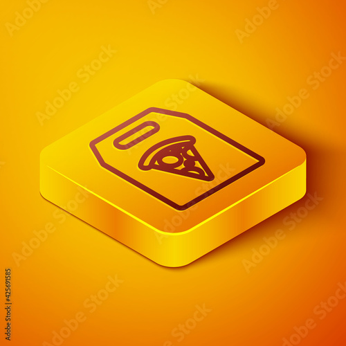 Isometric line Online ordering and fast pizza delivery icon isolated on orange background. Yellow square button. Vector