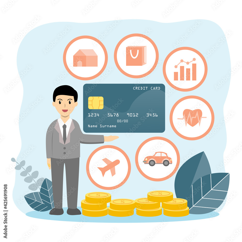 Bank officer introducing credit card which can buy car,home,stock,health insurance,travel cost. Benefit of credit card. Bank officer introducing credit card which can buy car,home,stock,health insurance,travel cost. Benefit of credit card.
