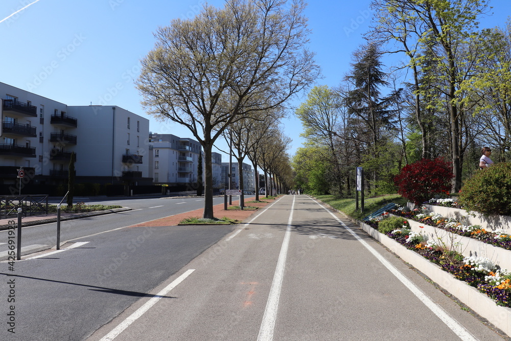 Piste cyclable le long de l'avenue du Général de Gaulle, ville de Bron, département du Rhône, France