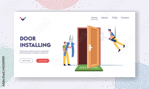 Carpenters, Repairmen Work with Tools Installing Door Landing Page Template. Master Male Characters Repair Doorway