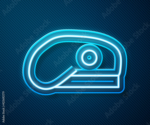 Glowing neon line Military beret icon isolated on blue background. Soldiers cap. Army hat. War baret. Vector